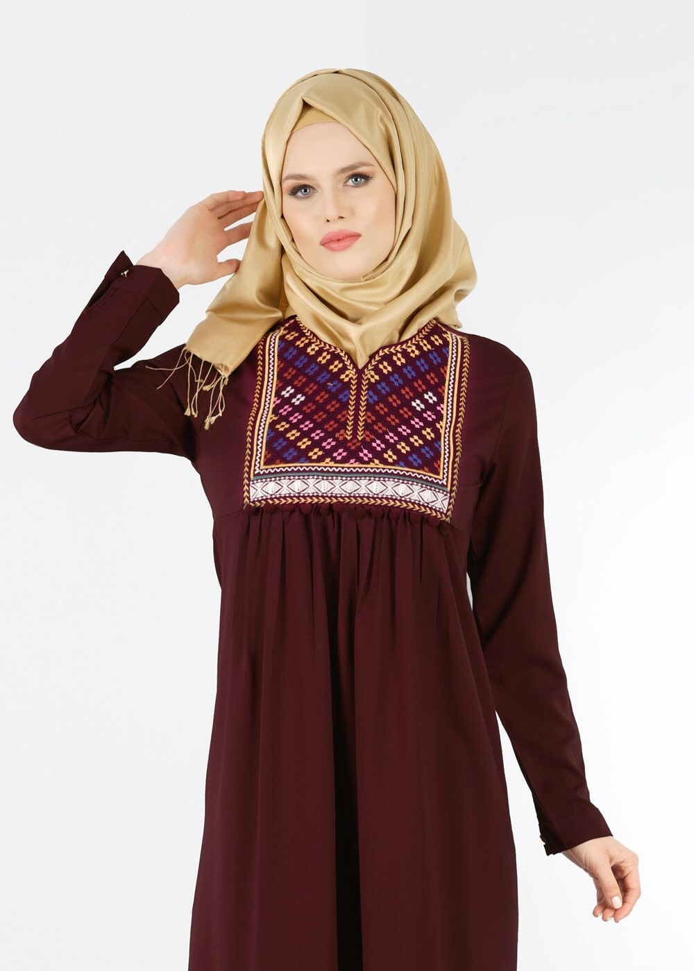 Hijab clothing CLARET RED T 2000 Etnik Desenli Tunik-Yılmazlar