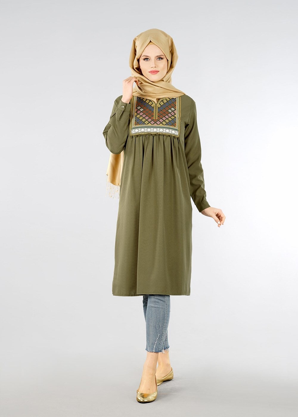 Hijab clothing KHAKI T 2000 Etnik Desenli Tunik-Yılmazlar