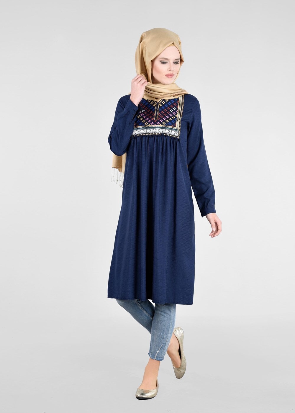 Vêtements hijab BLEU MARINE T 2000 Etnik Desenli Tunik-Yılmazlar