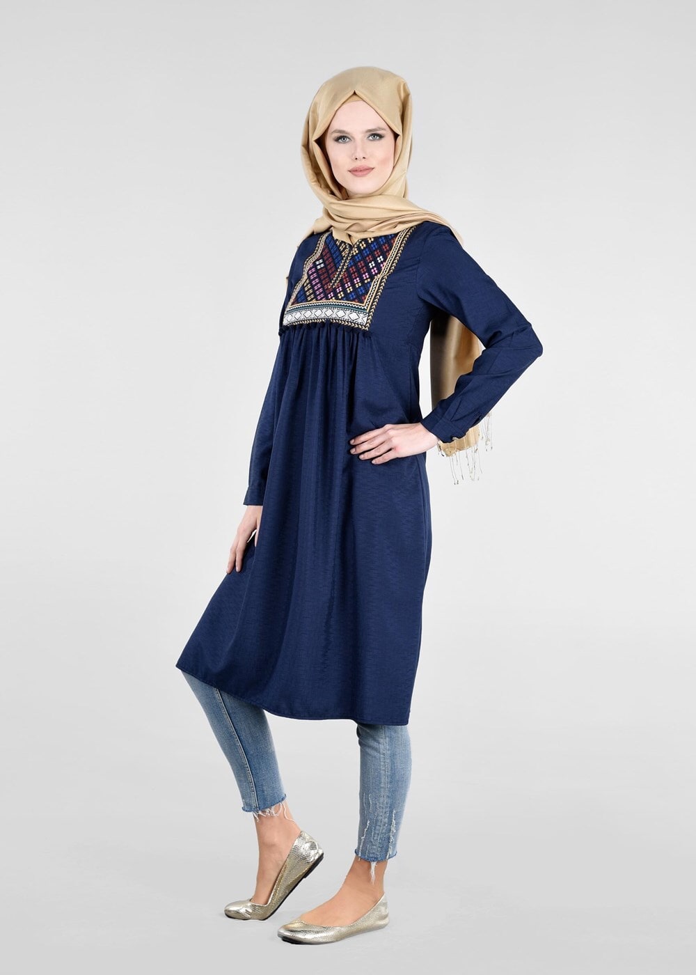 Vêtements hijab BLEU MARINE T 2000 Etnik Desenli Tunik-Yılmazlar