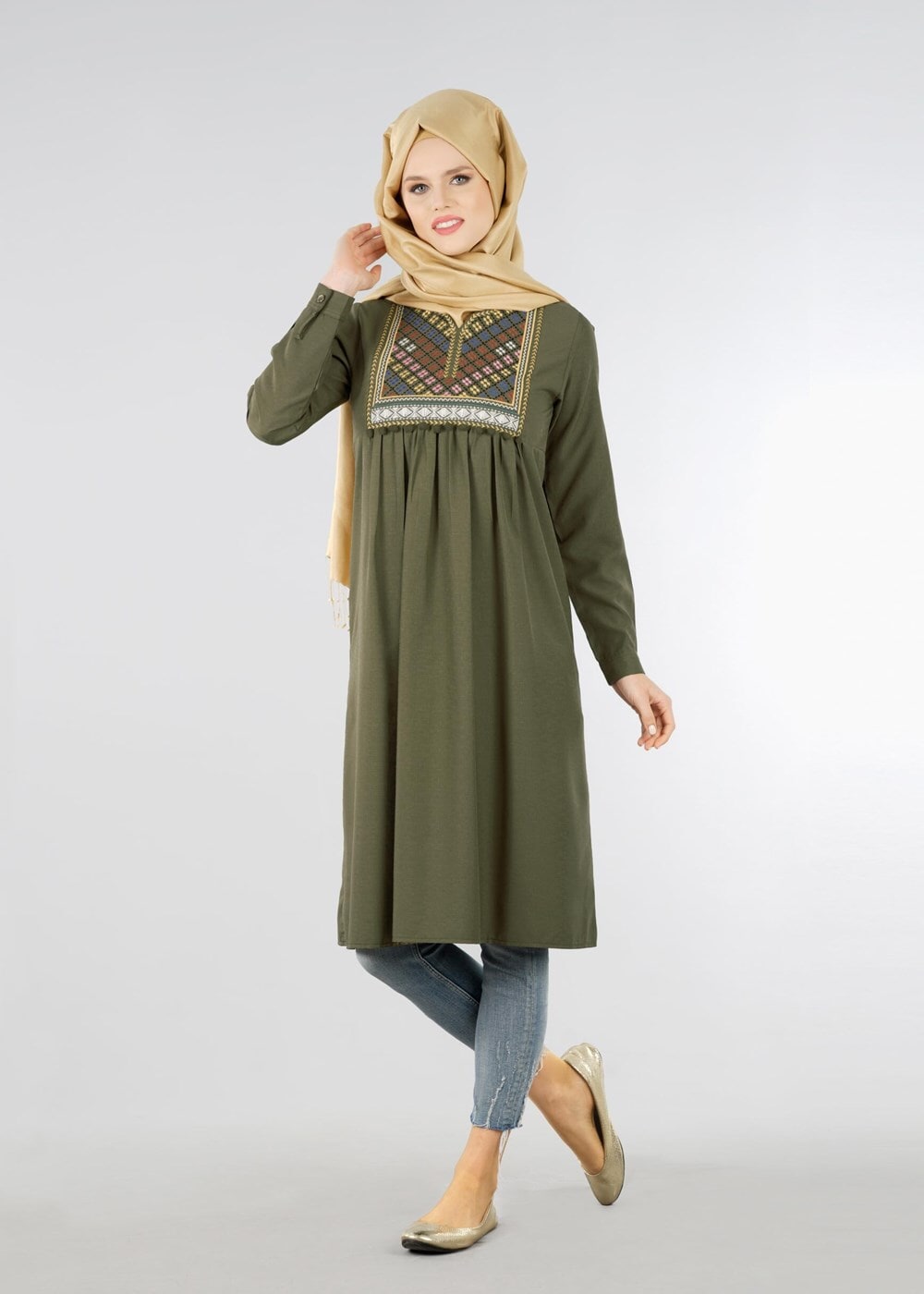 Hijab clothing KHAKI T 2000 Etnik Desenli Tunik-Yılmazlar