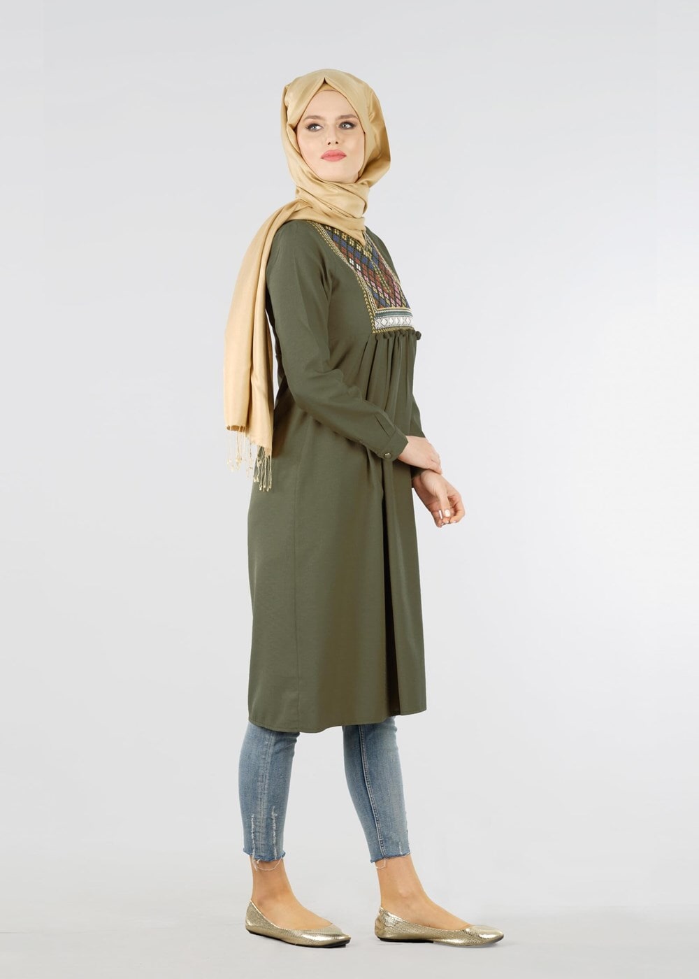 Hijab clothing KHAKI T 2000 Etnik Desenli Tunik-Yılmazlar
