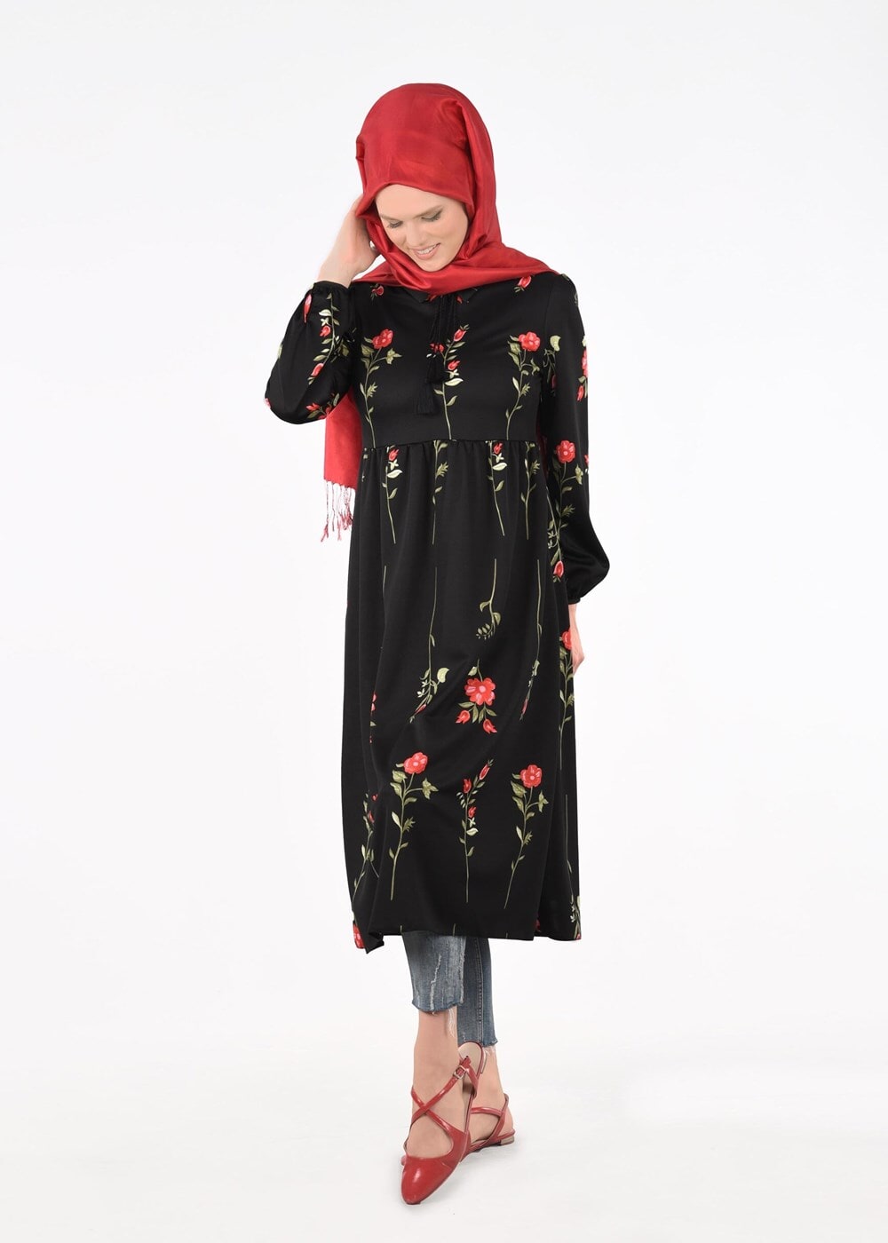 Hijab clothing BLACK T 2331 Kasırga-Desenli Uzun Tunik
