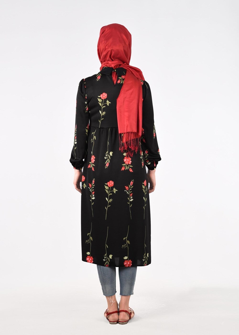 Hijab clothing BLACK T 2331 Kasırga-Desenli Uzun Tunik