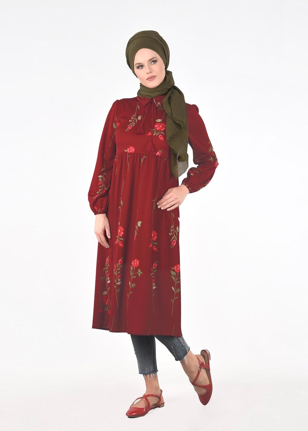 Hijab clothing CLARET RED T 2331 Kasırga-Desenli Uzun Tunik