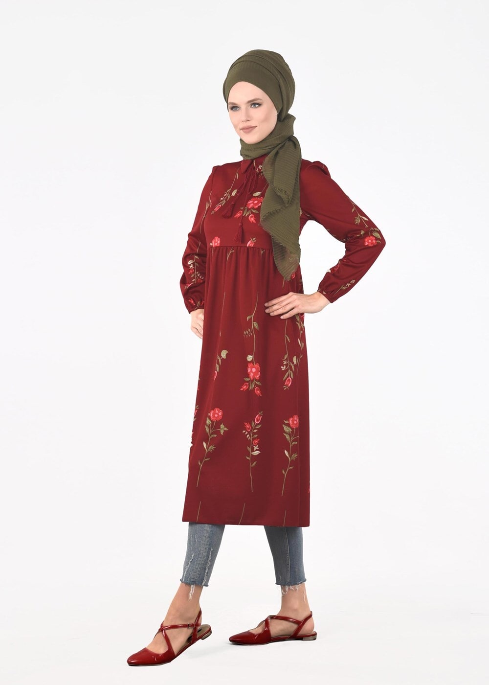 Hijab clothing CLARET RED T 2331 Kasırga-Desenli Uzun Tunik