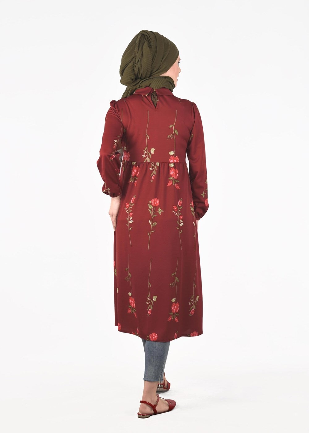 Hijab clothing CLARET RED T 2331 Kasırga-Desenli Uzun Tunik