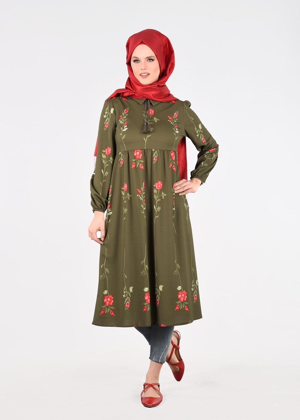 Hijab clothing KHAKI T 2331 Kasırga-Desenli Uzun Tunik