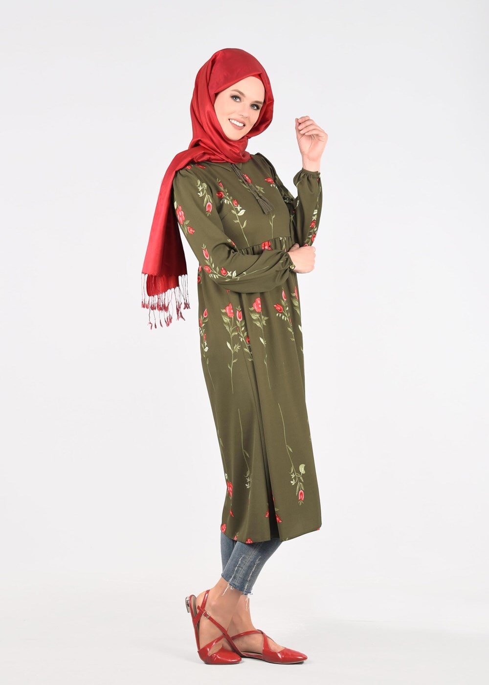 Hijab clothing KHAKI T 2331 Kasırga-Desenli Uzun Tunik