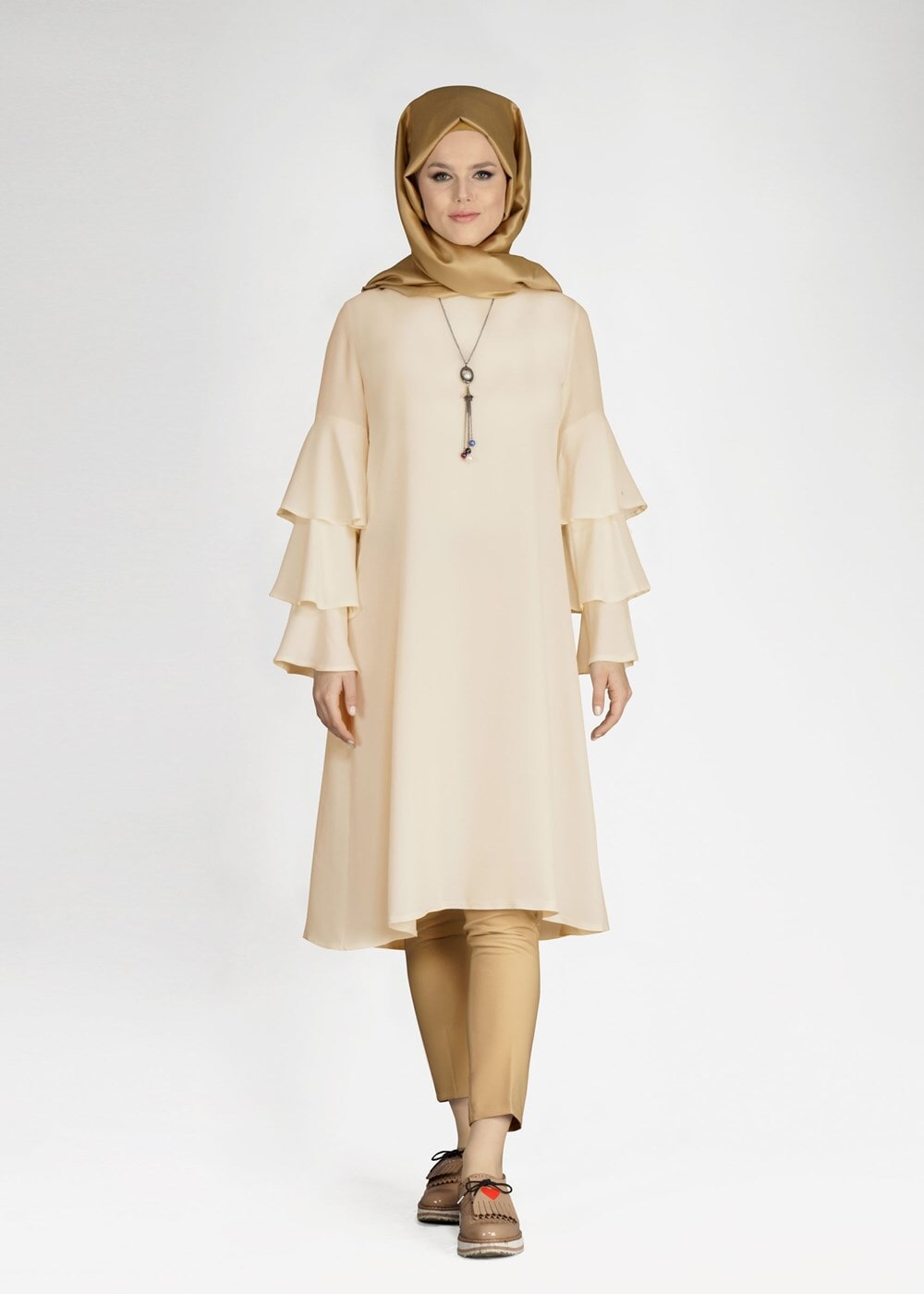 Tesettür giyim BEJ T 2625 Fırfırlı Tunik-Pr Collection