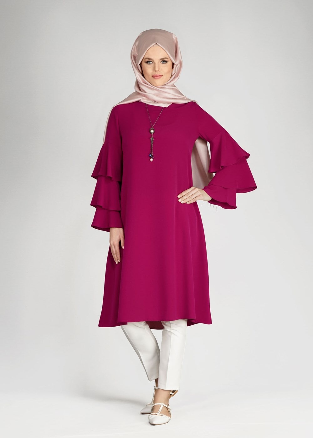 Tesettür giyim FUŞYA T 2625 Fırfırlı Tunik-Pr Collection