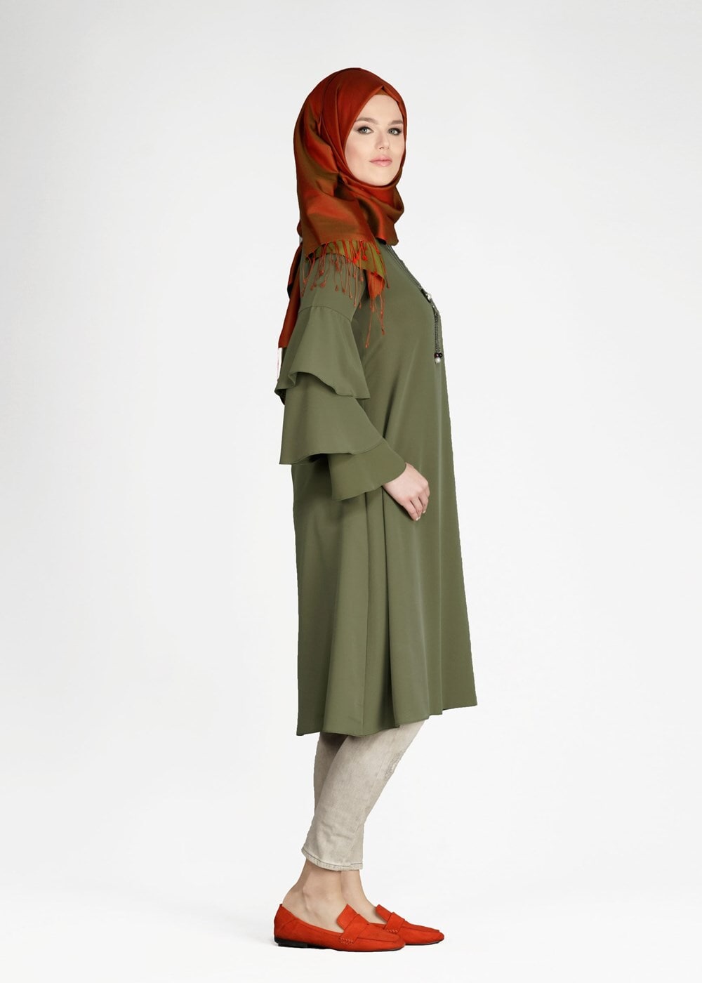 Tesettür giyim HAKİ T 2625 Fırfırlı Tunik-Pr Collection