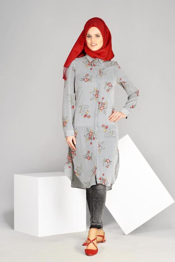 Tesettür giyim  T 2631 Desenli Krep Tunik-Magazin - TRENDTESETTÜR