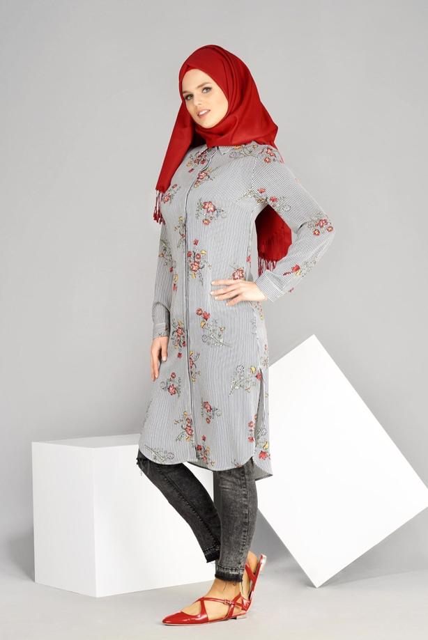 Tesettür giyim  T 2631 Desenli Krep Tunik-Magazin - TRENDTESETTÜR