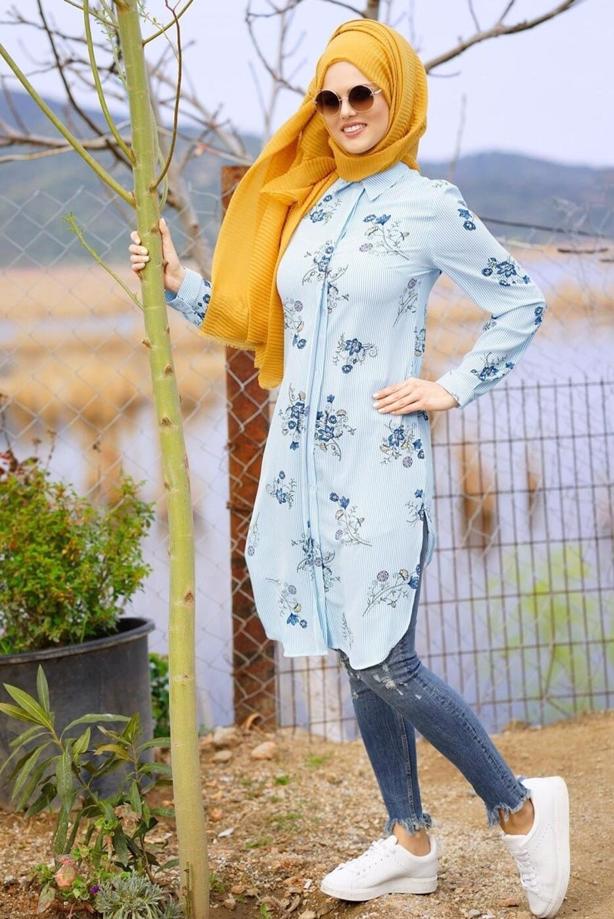 Tesettür giyim  T 2631 Desenli Krep Tunik-Magazin - TRENDTESETTÜR