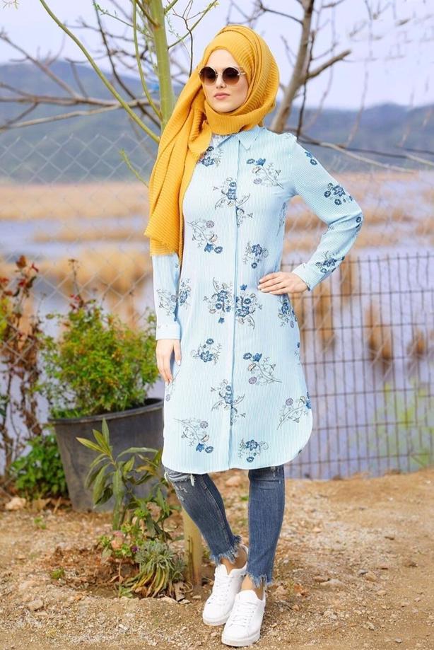 Tesettür giyim  T 2631 Desenli Krep Tunik-Magazin - TRENDTESETTÜR