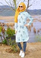 Tesettür giyim MAVİ T 2631 Desenli Krep Tunik-Magazin