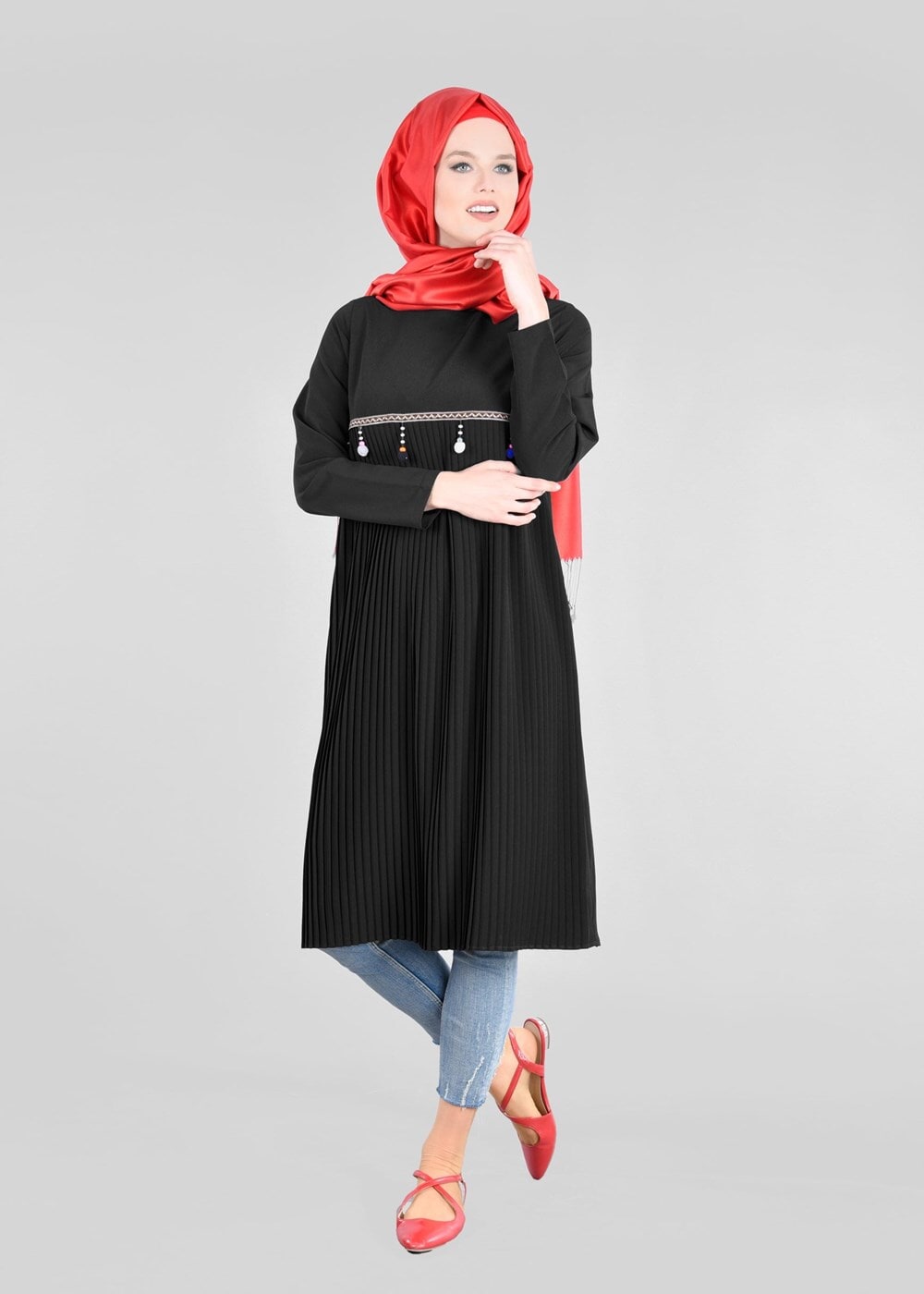 Tesettür giyim SİYAH T 2825 Pilise Detaylı Tunik-Pr Collection