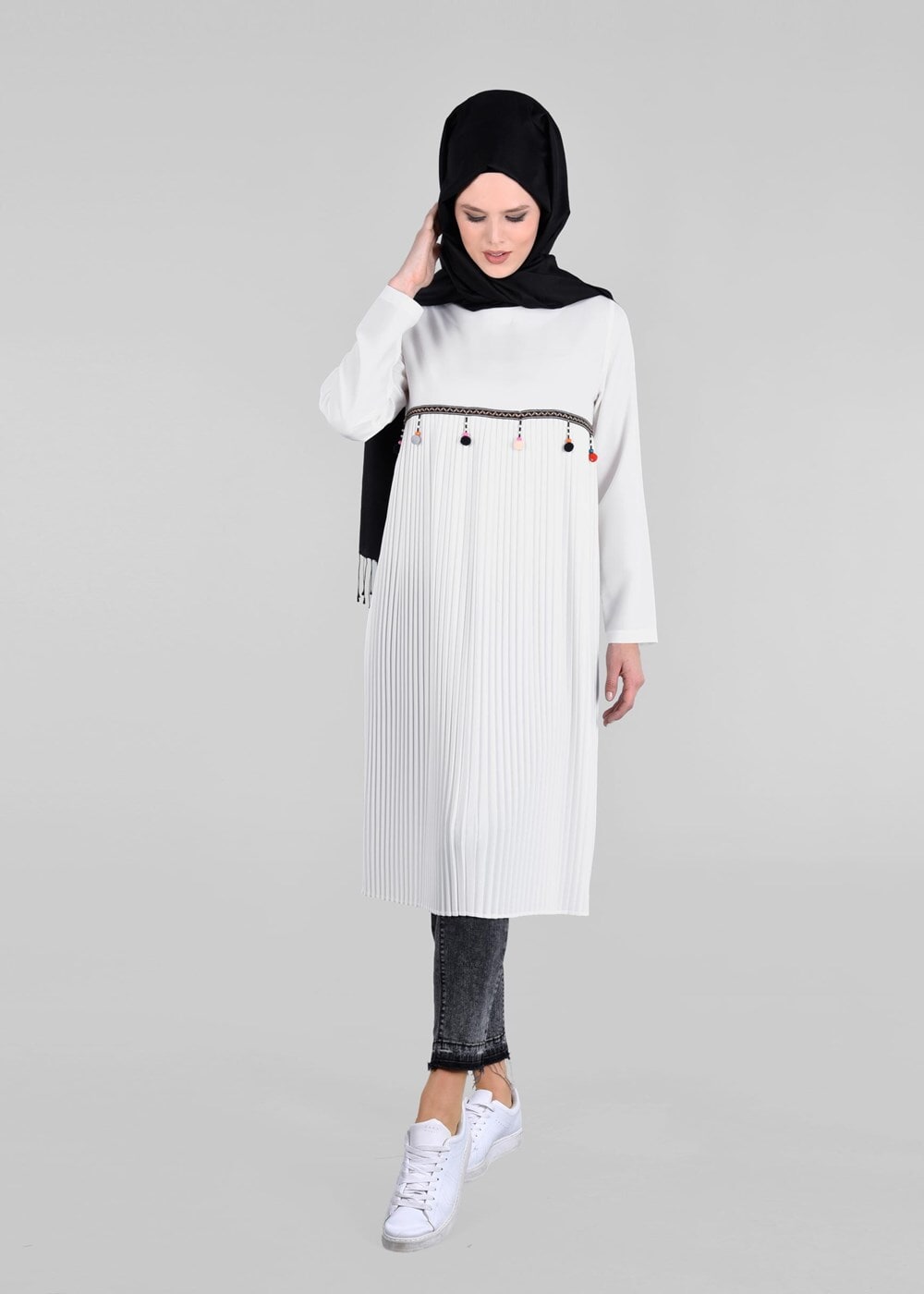 Tesettür giyim KREM T 2825 Pilise Detaylı Tunik-Pr Collection