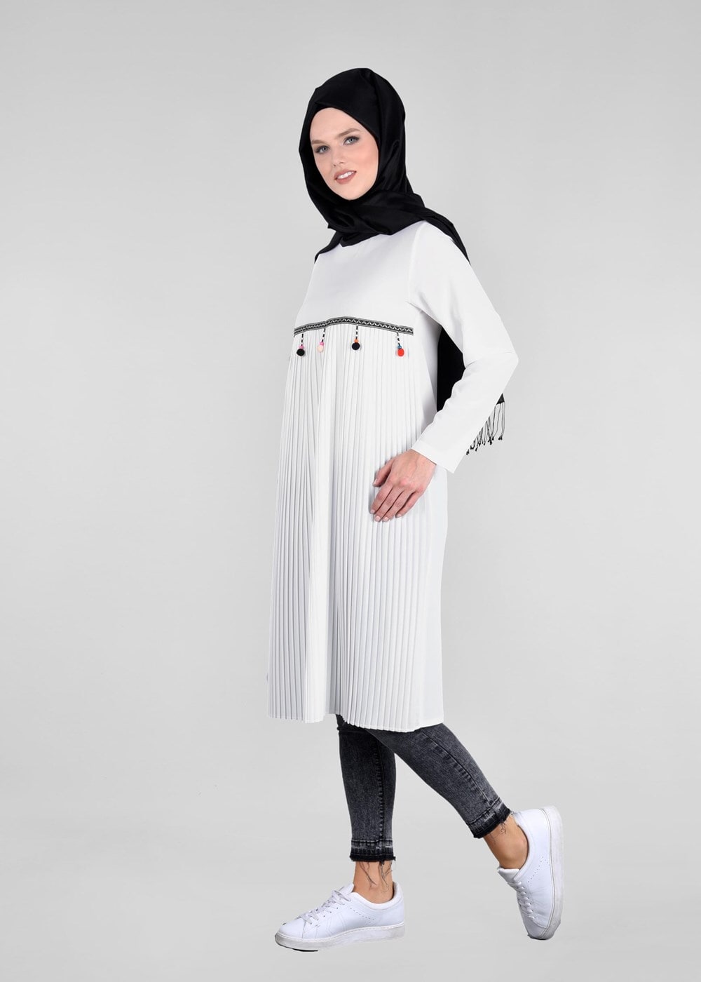 Tesettür giyim KREM T 2825 Pilise Detaylı Tunik-Pr Collection