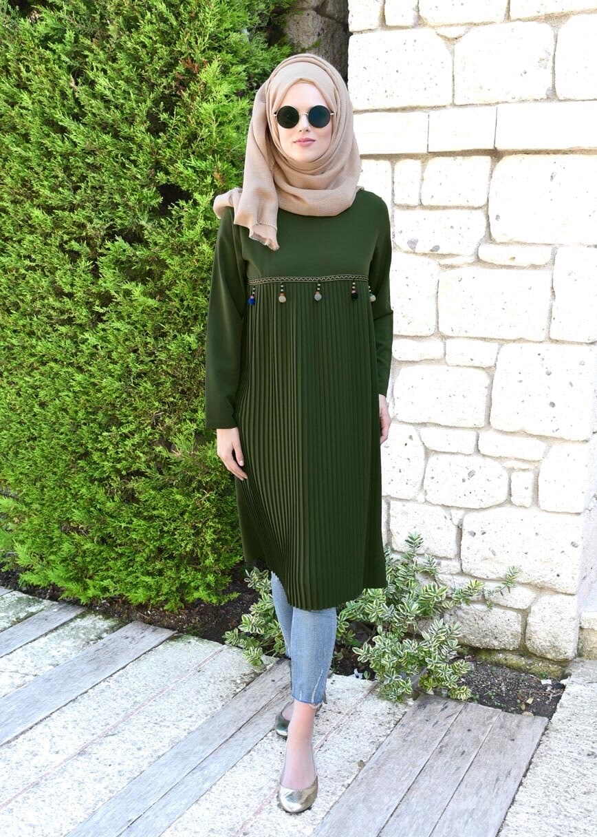 Tesettür giyim HAKİ T 2825 Pilise Detaylı Tunik-Pr Collection