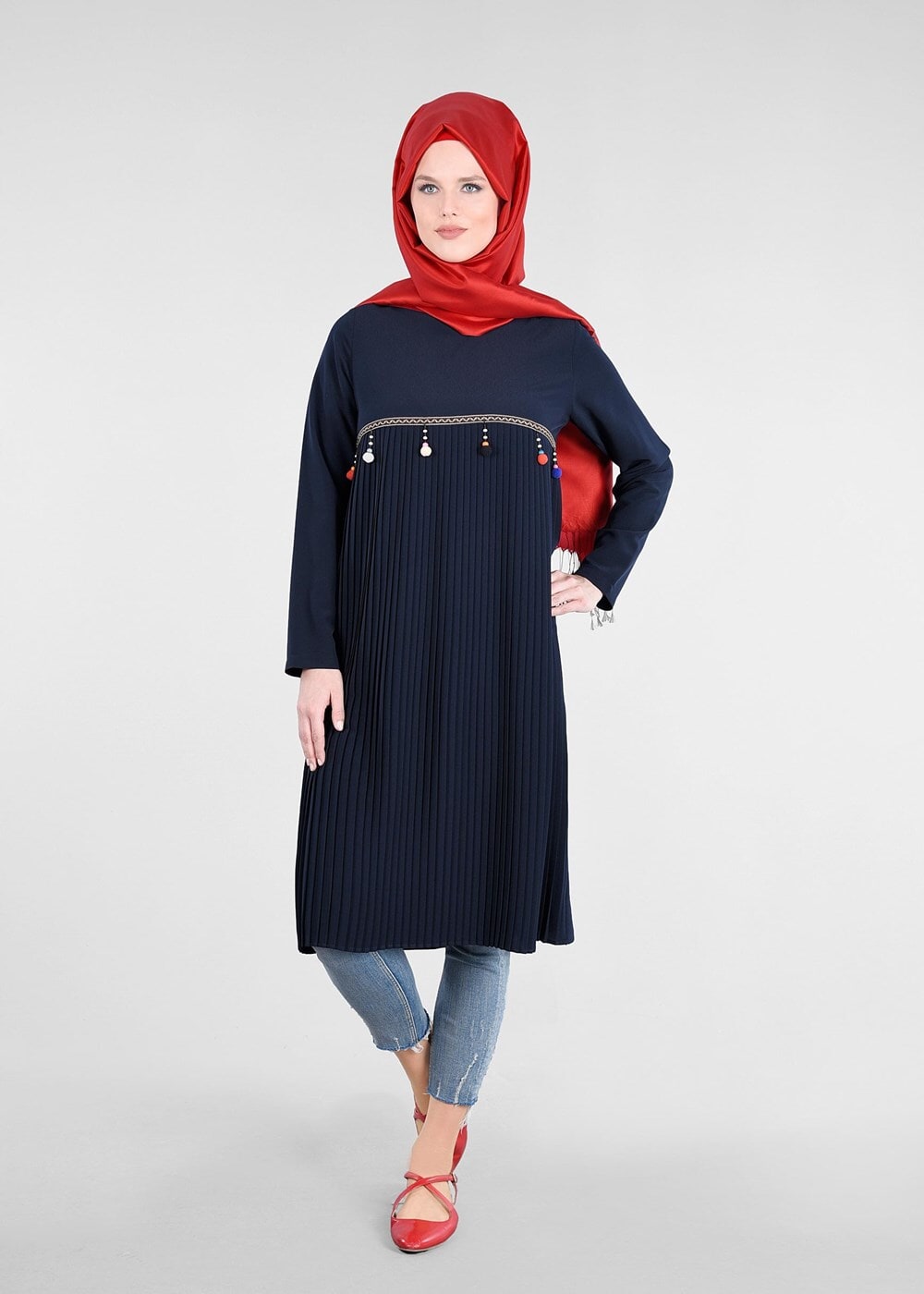 Tesettür giyim LACİVERT T 2825 Pilise Detaylı Tunik-Pr Collection