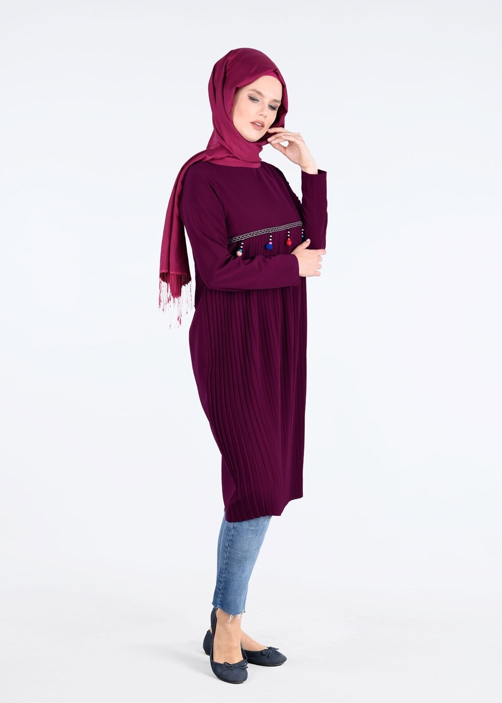 Tesettür giyim BORDO T 2825 Pilise Detaylı Tunik-Pr Collection