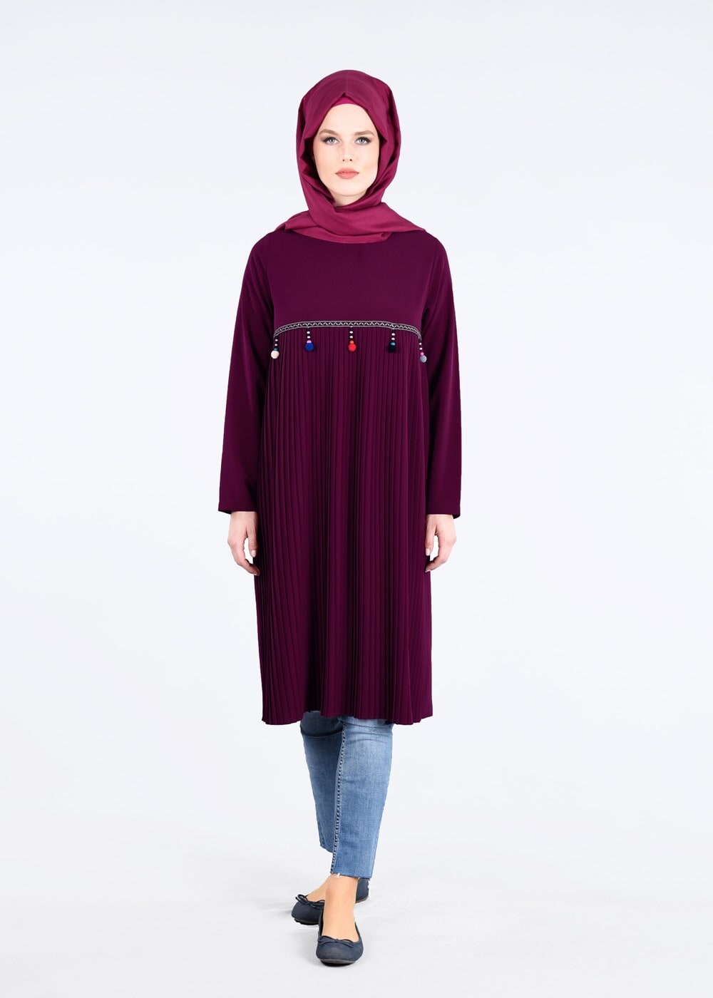 Tesettür giyim BORDO T 2825 Pilise Detaylı Tunik-Pr Collection