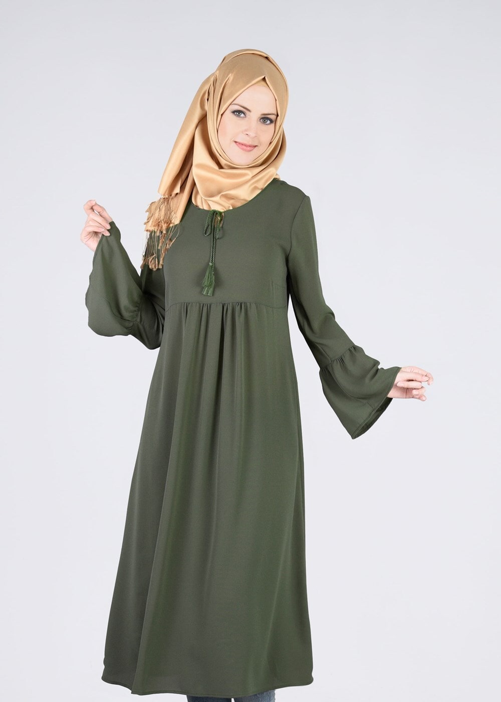 Tesettür giyim HAKİ T 2841 ModaBu- Püsküllü Uzun Tunik