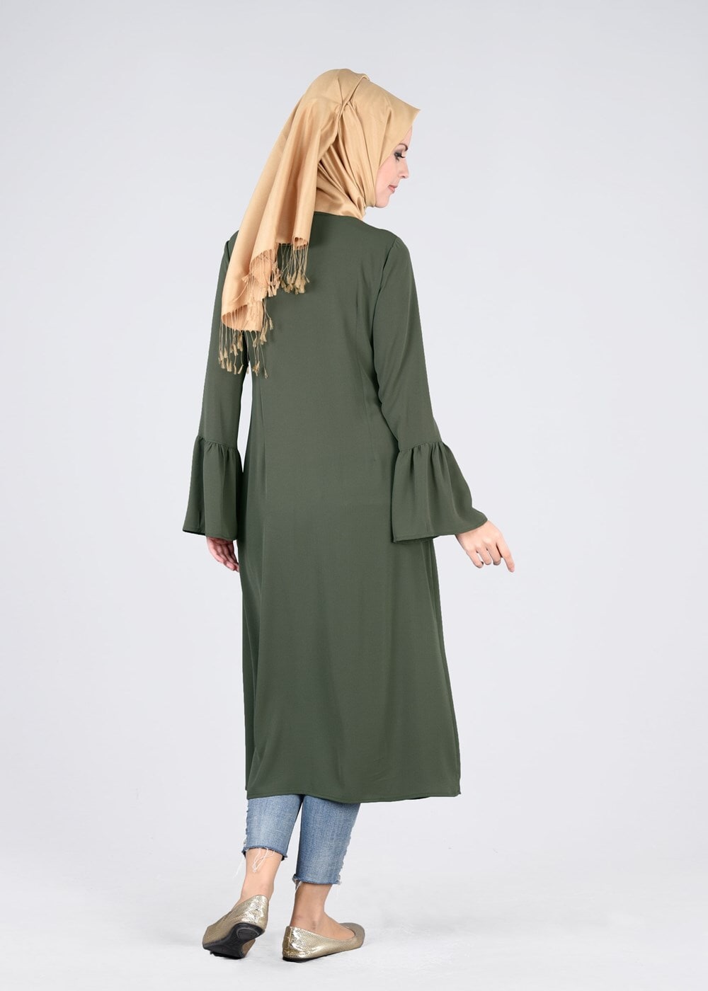 Tesettür giyim HAKİ T 2841 ModaBu- Püsküllü Uzun Tunik