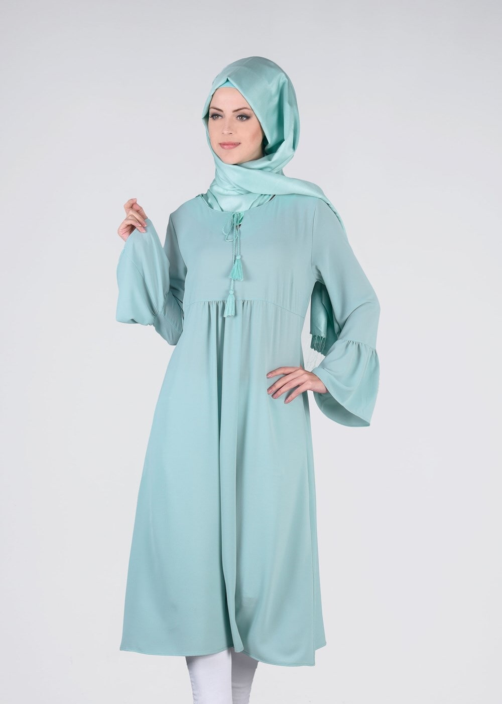 Tesettür giyim YEŞİL T 2841 ModaBu- Püsküllü Uzun Tunik