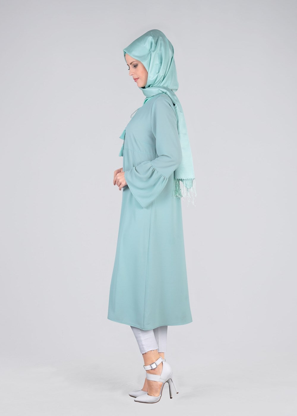 Tesettür giyim YEŞİL T 2841 ModaBu- Püsküllü Uzun Tunik