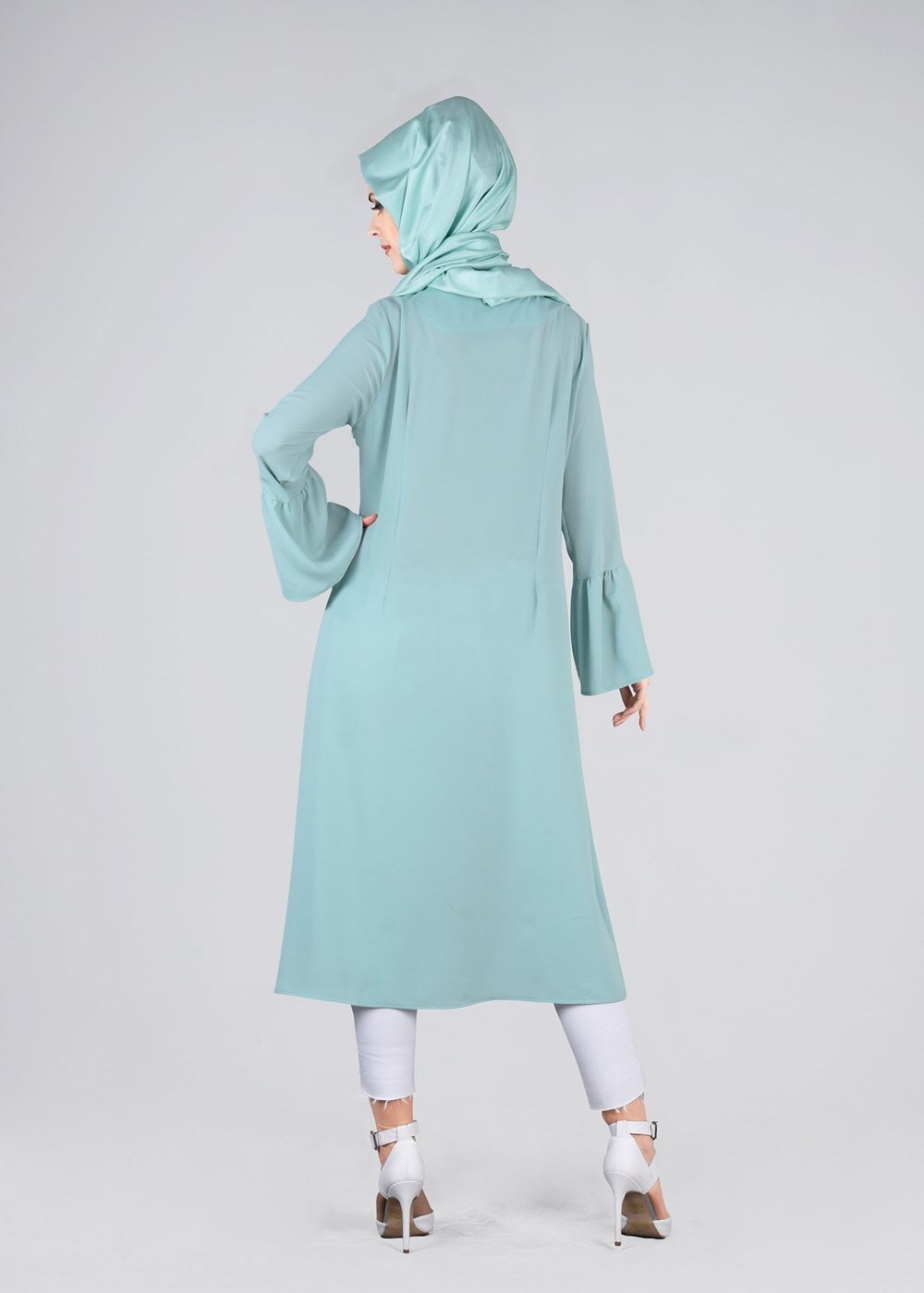 Tesettür giyim YEŞİL T 2841 ModaBu- Püsküllü Uzun Tunik