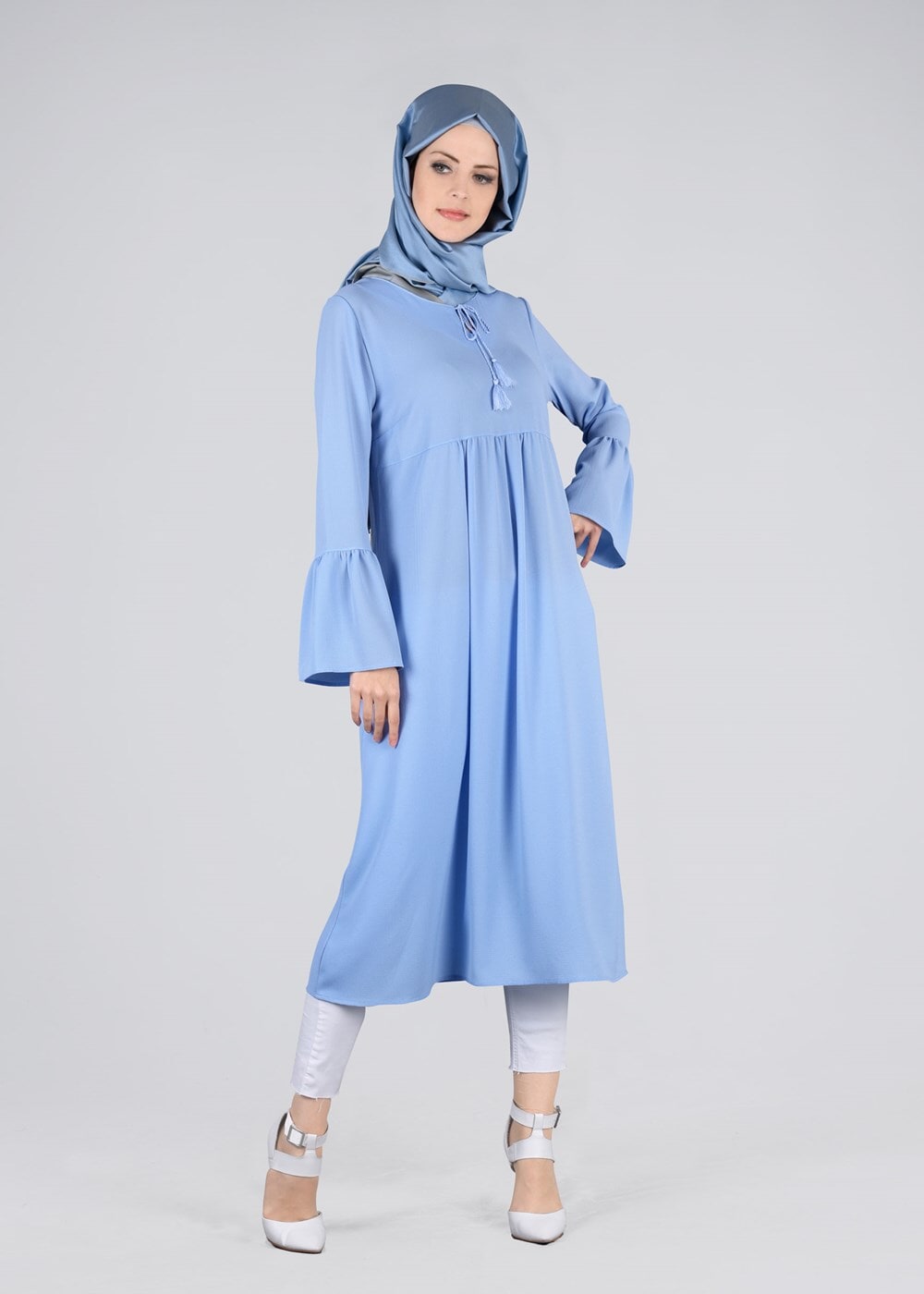 Tesettür giyim MAVİ T 2841 ModaBu- Püsküllü Uzun Tunik