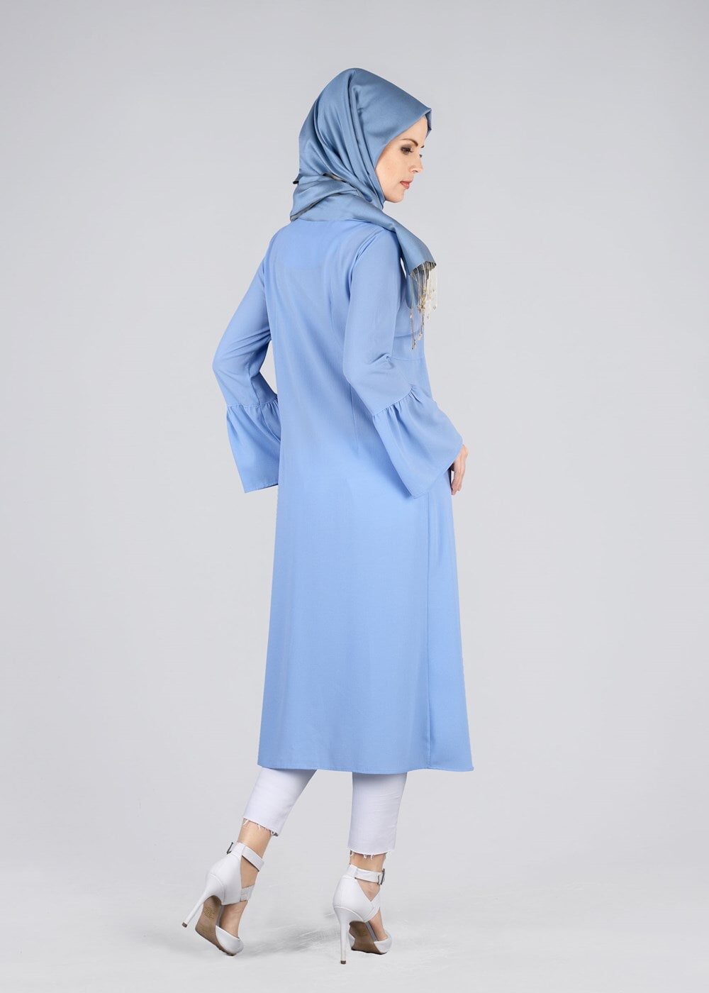 Tesettür giyim MAVİ T 2841 ModaBu- Püsküllü Uzun Tunik