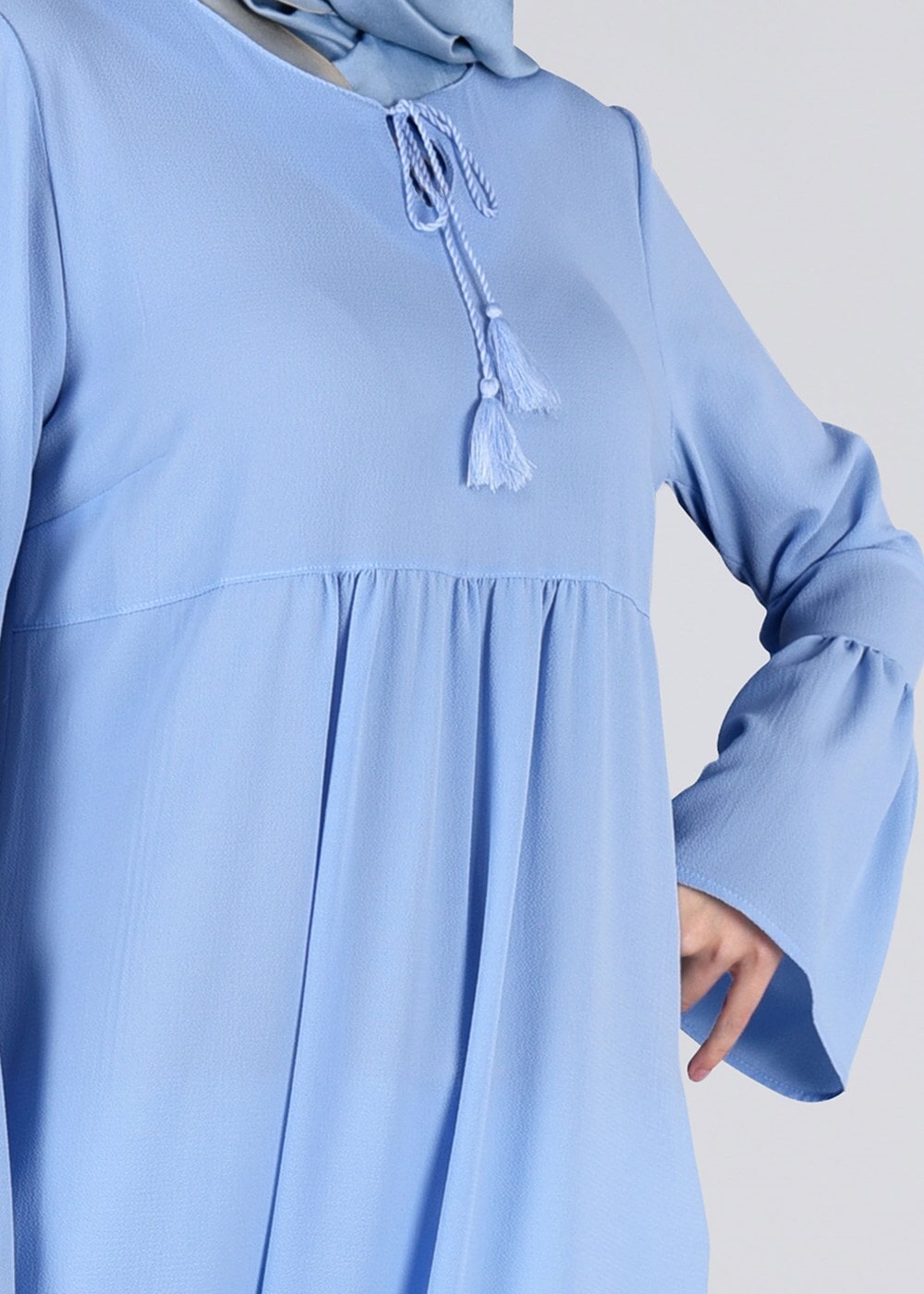 Tesettür giyim MAVİ T 2841 ModaBu- Püsküllü Uzun Tunik