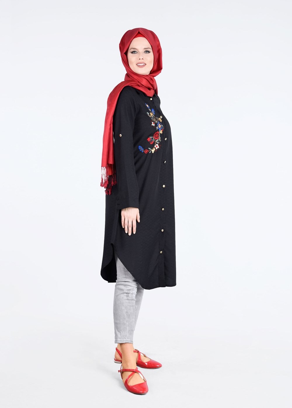 Vêtements hijab NOIR T 3000 Erkek Yaka Nakışlı Tunik-Yılmazlar