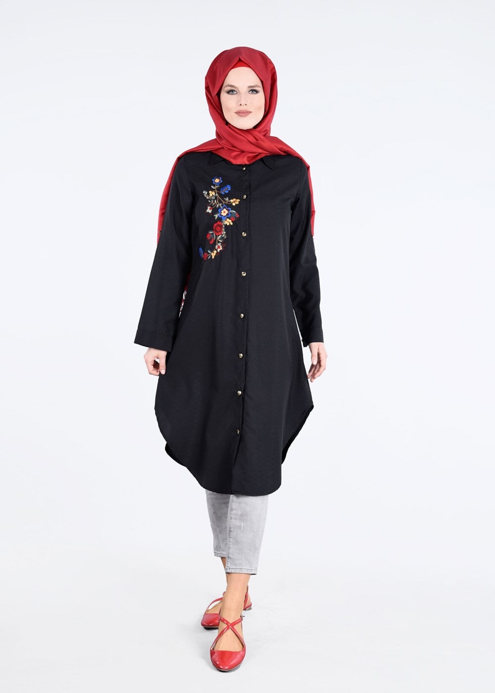 Vêtements hijab NOIR T 3000 Erkek Yaka Nakışlı Tunik-Yılmazlar