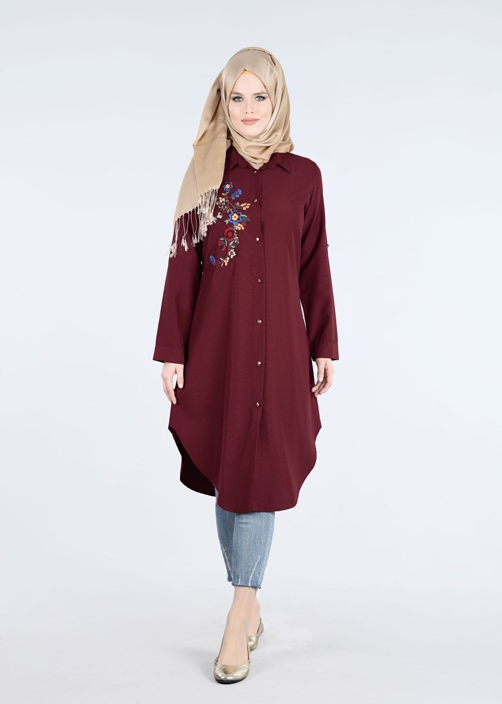 Vêtements hijab ROUGE BORDEAUX T 3000 Erkek Yaka Nakışlı Tunik-Yılmazlar