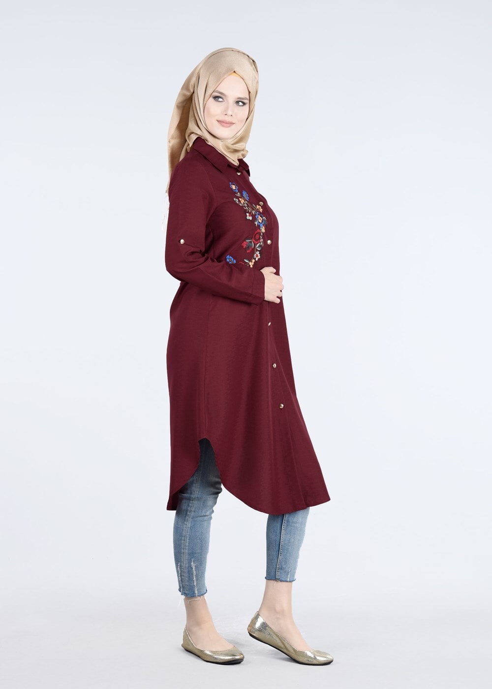Vêtements hijab ROUGE BORDEAUX T 3000 Erkek Yaka Nakışlı Tunik-Yılmazlar
