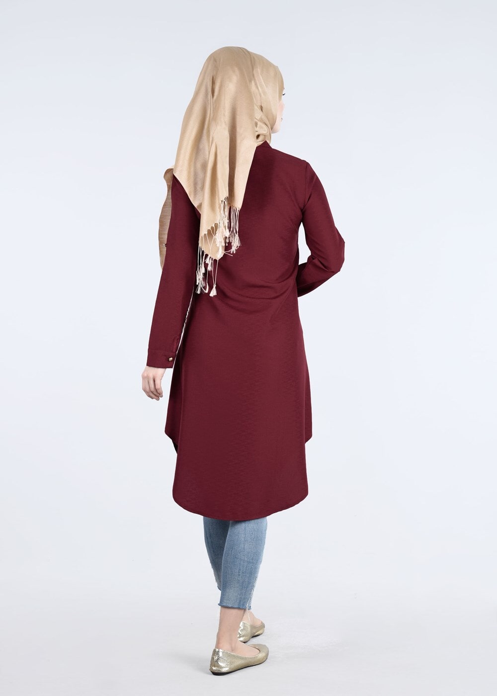 Vêtements hijab ROUGE BORDEAUX T 3000 Erkek Yaka Nakışlı Tunik-Yılmazlar