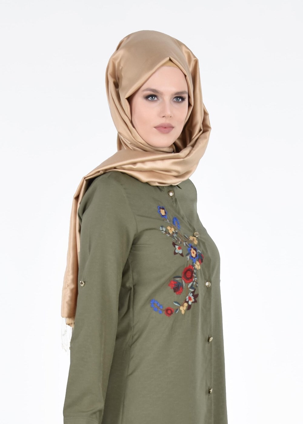 Hijab clothing KHAKI T 3000 Erkek Yaka Nakışlı Tunik-Yılmazlar