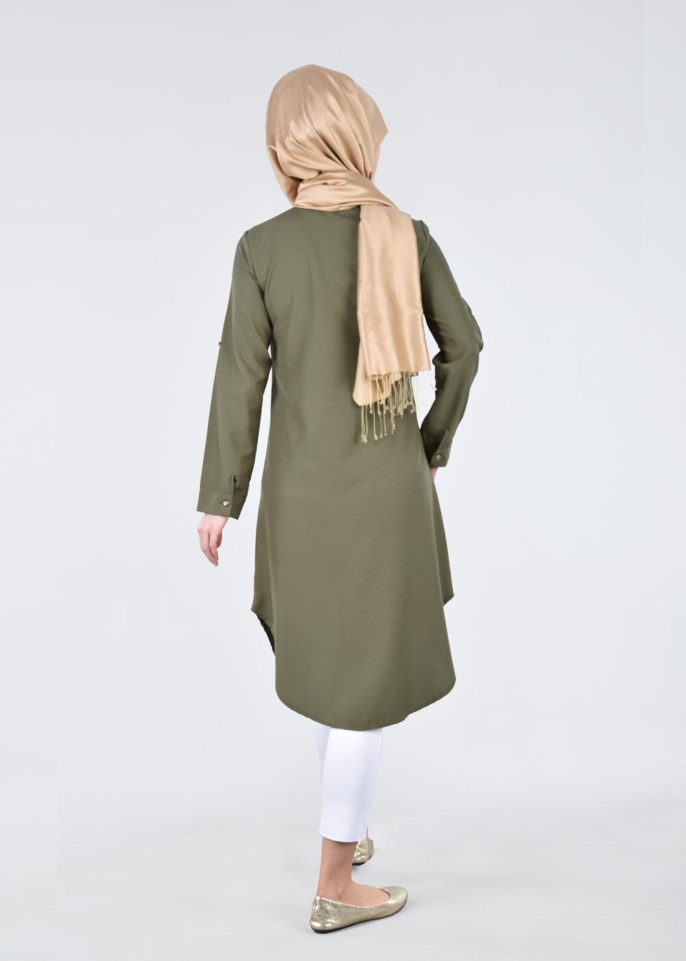 Hijab clothing KHAKI T 3000 Erkek Yaka Nakışlı Tunik-Yılmazlar