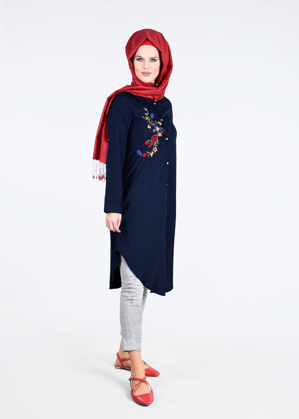 Hijab clothing NAVY BLUE T 3000 Erkek Yaka Nakışlı Tunik-Yılmazlar