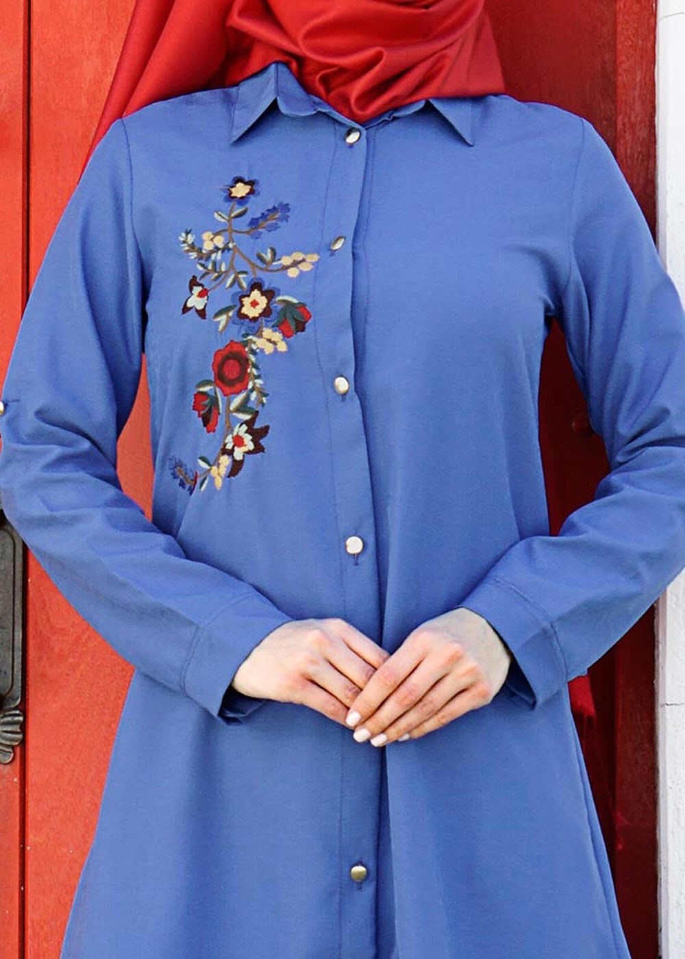 Hijab clothing NAVY BLUE T 3000 Erkek Yaka Nakışlı Tunik-Yılmazlar
