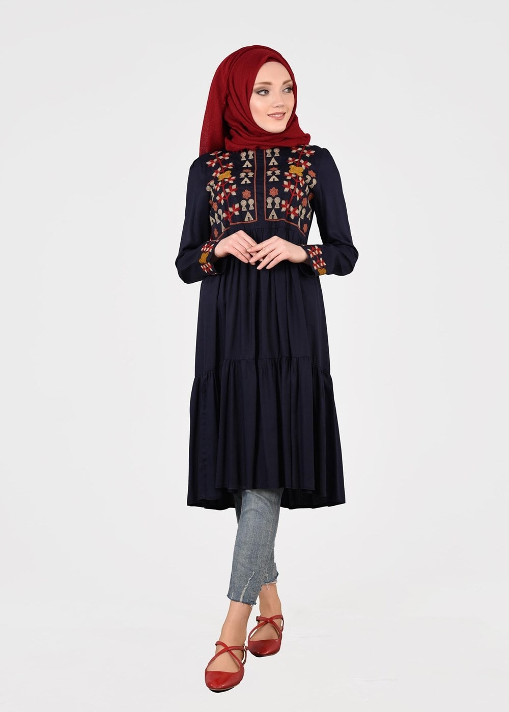 Vêtements hijab BLEU MARINE T 3151 ModaHanne- Etnik Desen Tunik