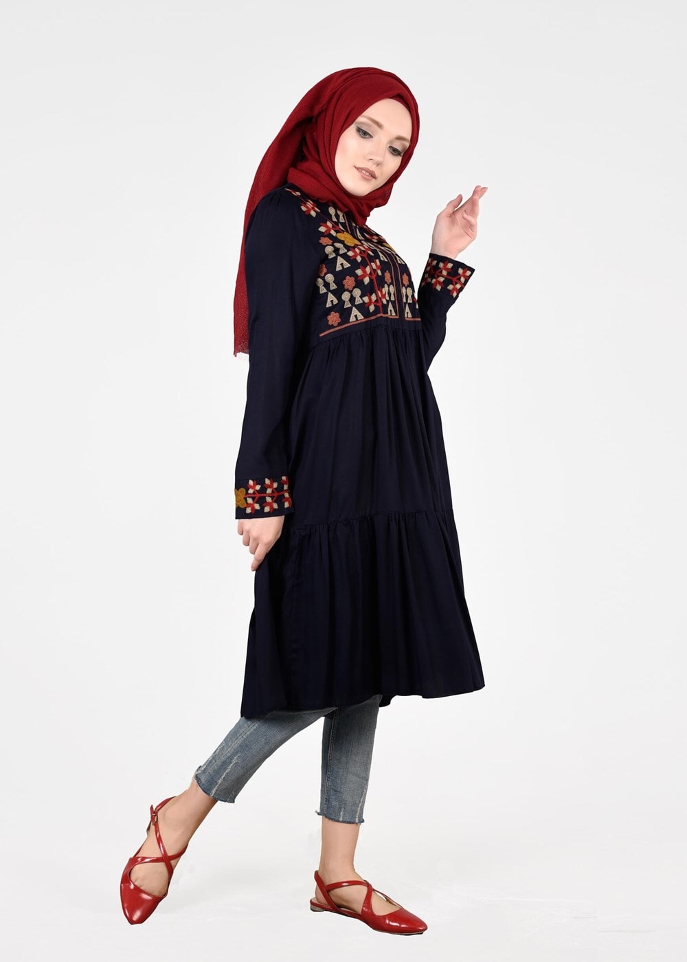 Vêtements hijab BLEU MARINE T 3151 ModaHanne- Etnik Desen Tunik