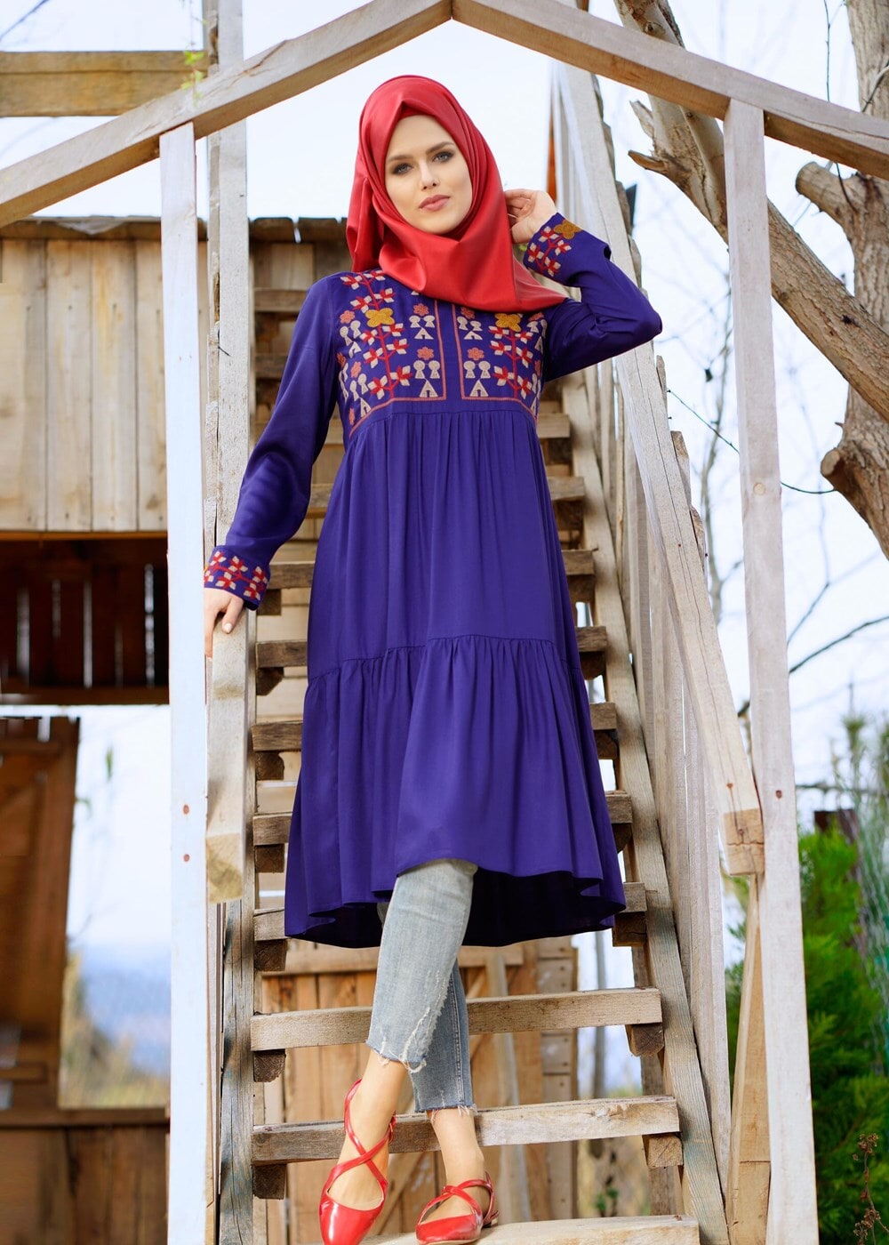 Vêtements hijab BLEU MARINE T 3151 ModaHanne- Etnik Desen Tunik