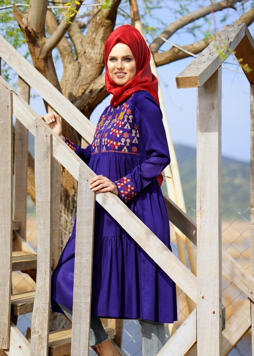 Vêtements hijab BLEU MARINE T 3151 ModaHanne- Etnik Desen Tunik