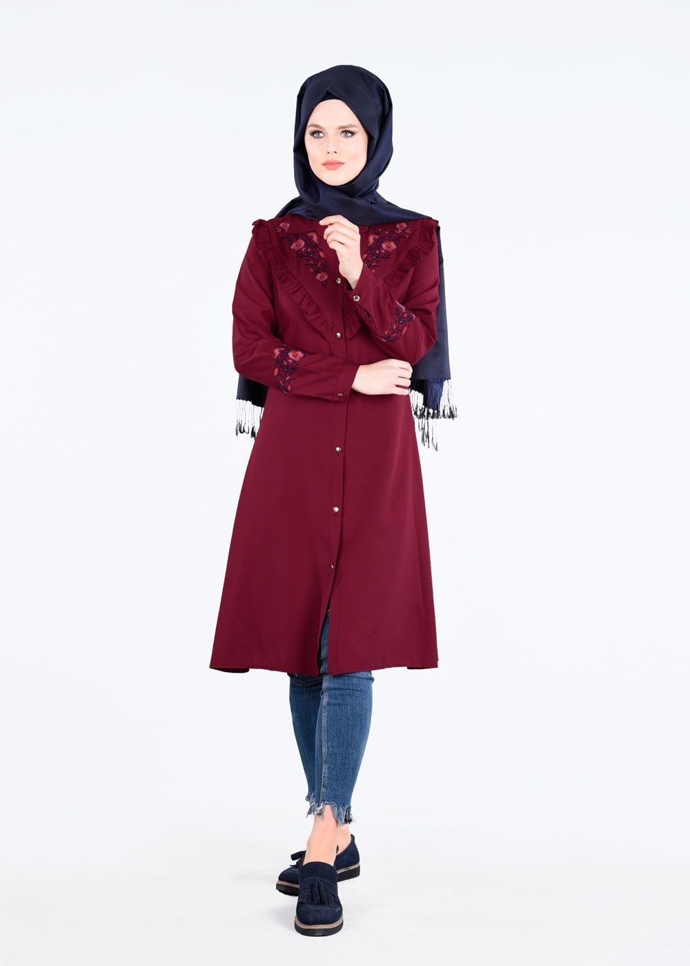 Vêtements hijab ROUGE BORDEAUX T 4000  Fırfır Detaylı Tunik-Yılmazlar